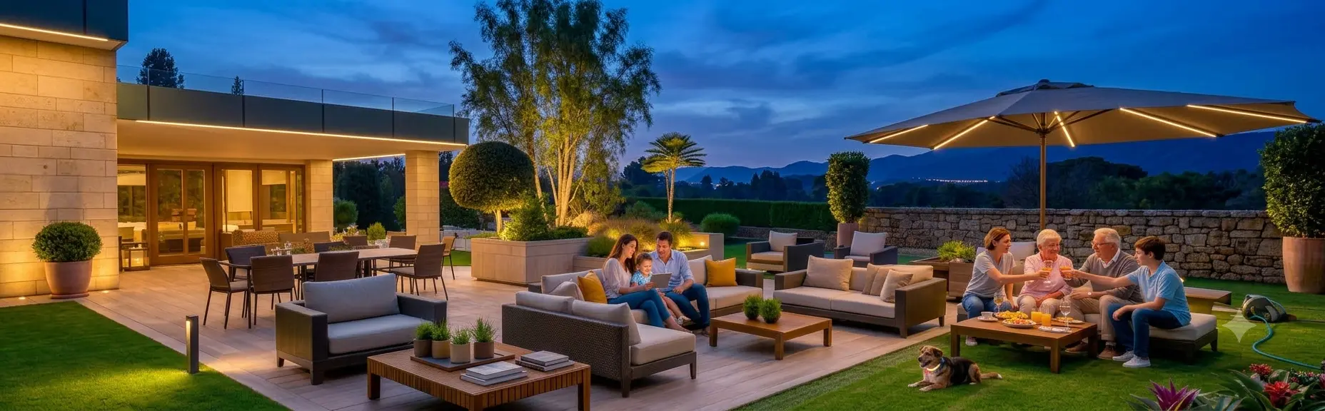Terraza y jardín de lujo con césped artificial perfecto e iluminación nocturna en Alicante