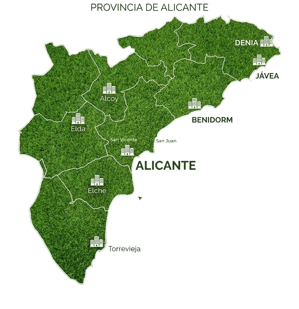 Mapa de cobertura del servicio de instalación de césped artificial en la provincia de Alicante